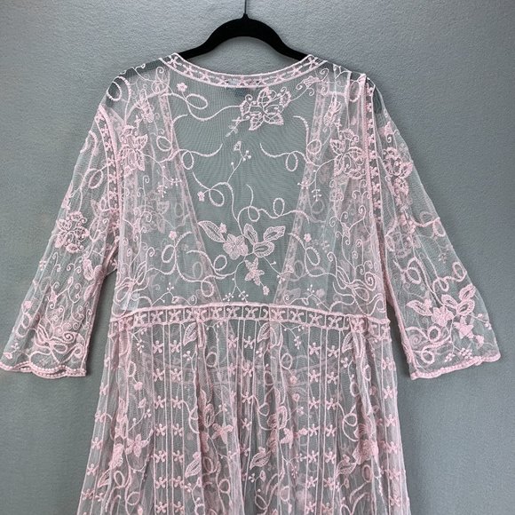 **SOLD**Indigo Poppy Duster Womens S/M Pink Boho Lace Kimono Floral Topper - Picture 5 of 12